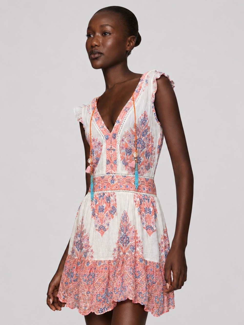 BELL by Alicia Bell Cotton Silk Floral Tassel Mini Dress Size S Boho Resort
